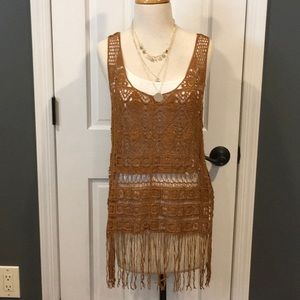 Sleeveless Crochet Lace Tank with Fringe.
